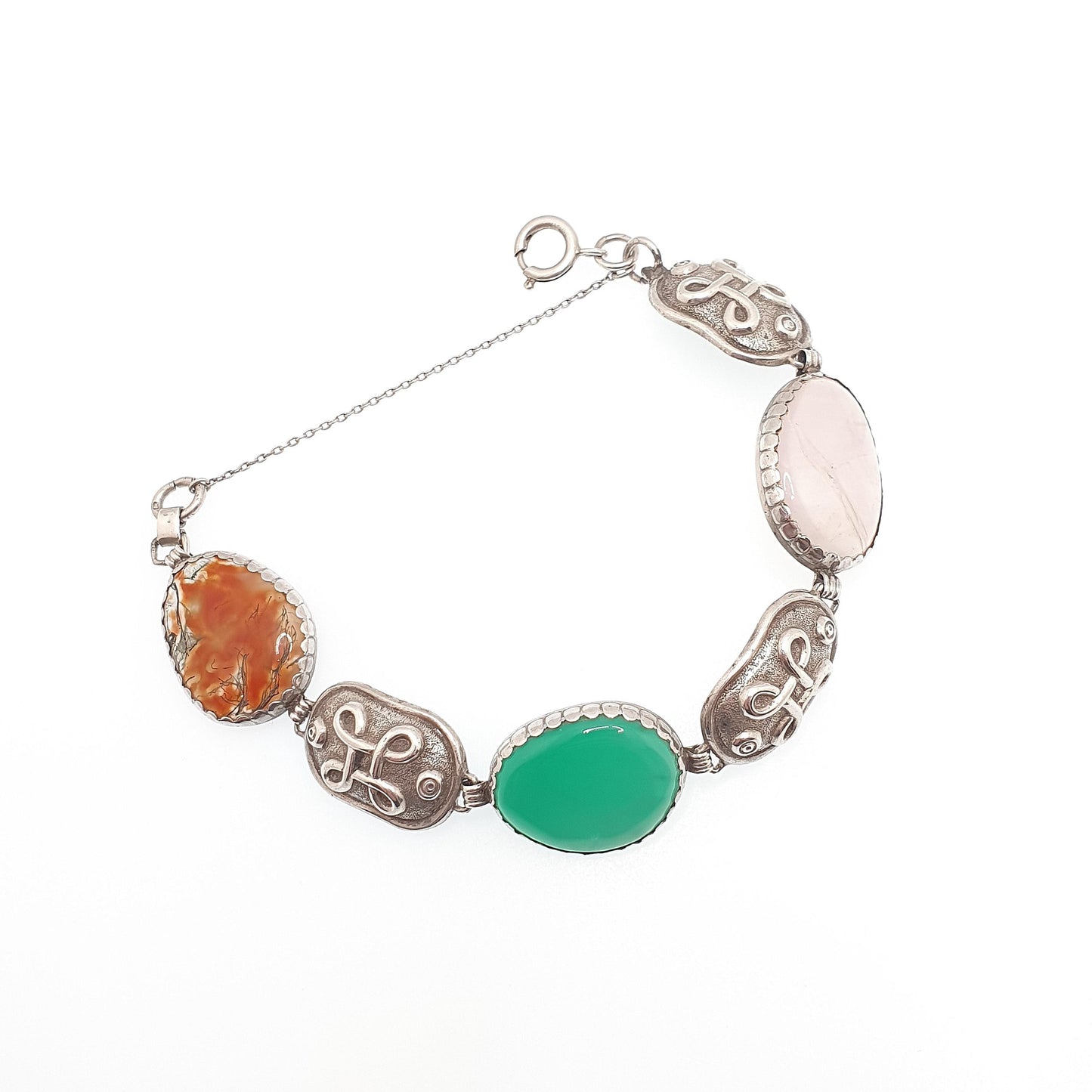 Antique Scottish Solid Silver Bracelet Moss Agate Chrysoprase Rose Quartz Iona Celtic Knot Large Gemstone Vintage Womens Jewelry Jewellery