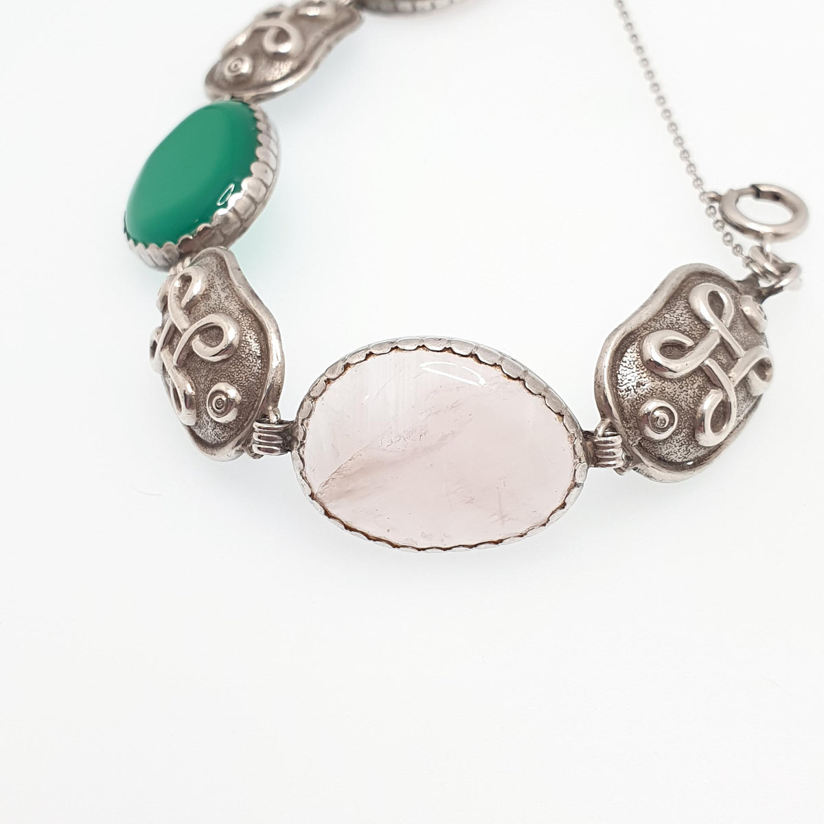 Antique Scottish Solid Silver Bracelet Moss Agate Chrysoprase Rose Quartz Iona Celtic Knot Large Gemstone Vintage Womens Jewelry Jewellery