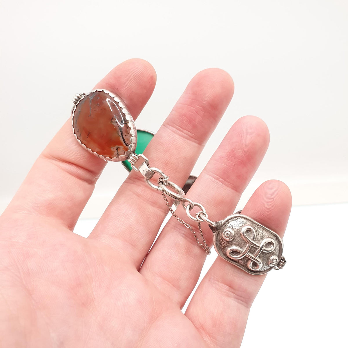 Antique Scottish Solid Silver Bracelet Moss Agate Chrysoprase Rose Quartz Iona Celtic Knot Large Gemstone Vintage Womens Jewelry Jewellery