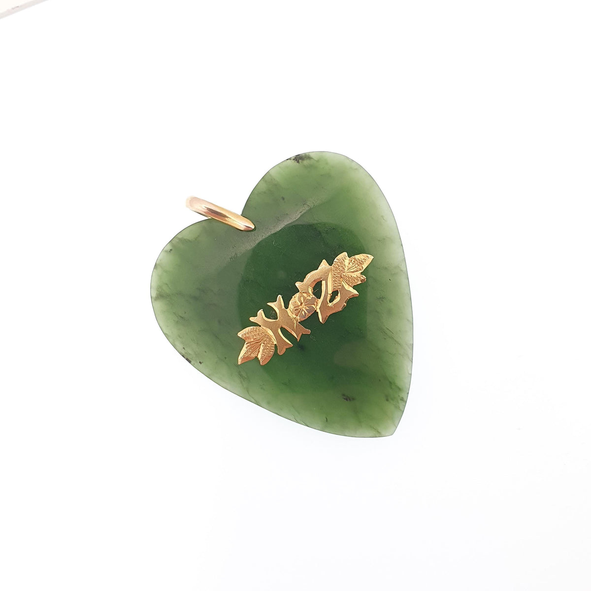 Antique 9ct Gold New Zealand Jade Heart Pendant Necklace NZ Victorian Maori Nephrite Solid 375 9k Large Big Vintage Jewellery Jewelry