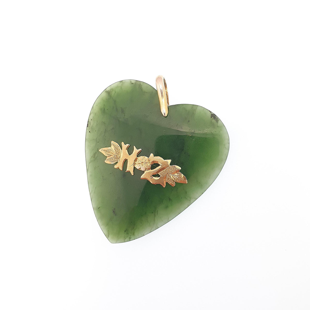 Antique 9ct Gold New Zealand Jade Heart Pendant Necklace NZ Victorian Maori Nephrite Solid 375 9k Large Big Vintage Jewellery Jewelry