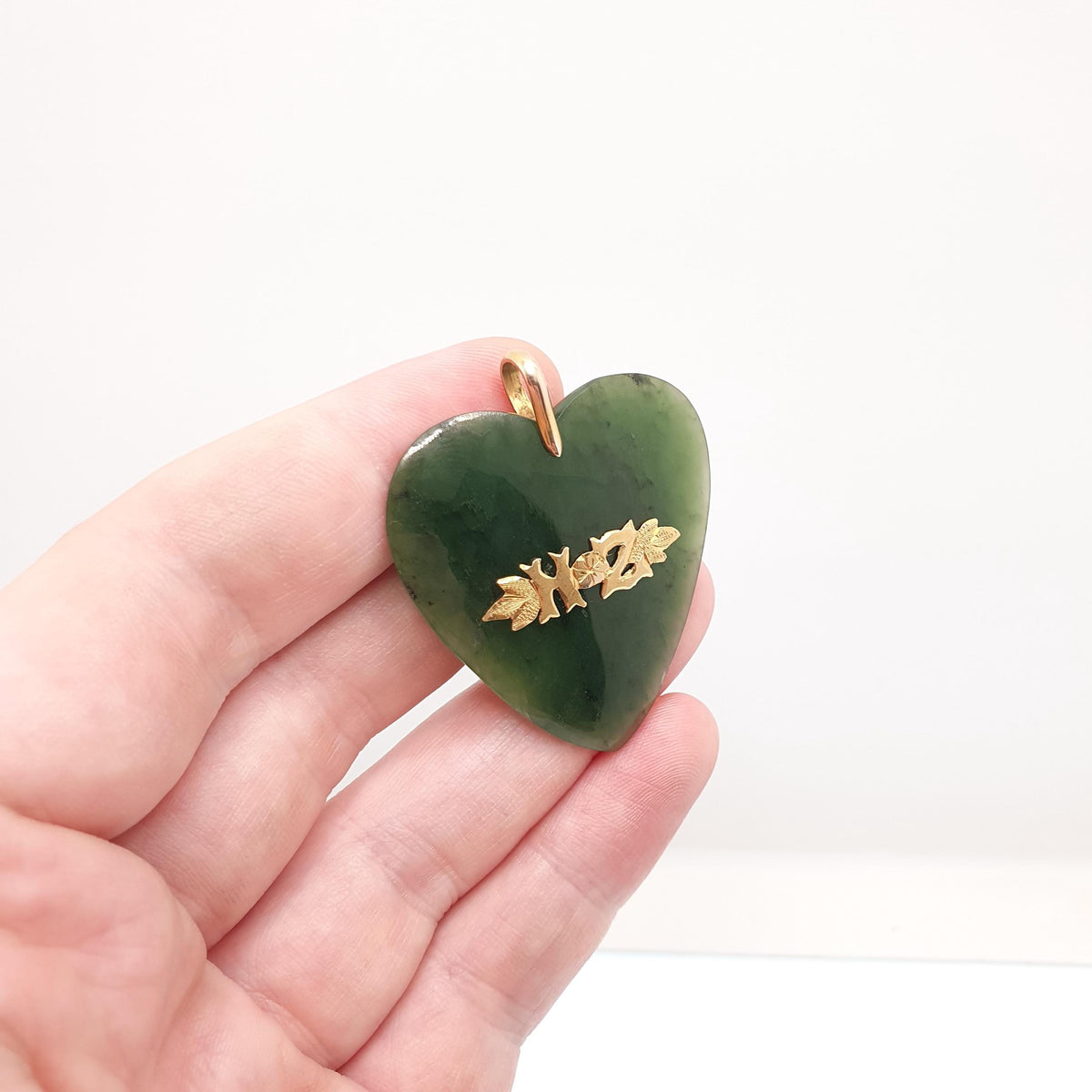 Antique 9ct Gold New Zealand Jade Heart Pendant Necklace NZ Victorian Maori Nephrite Solid 375 9k Large Big Vintage Jewellery Jewelry