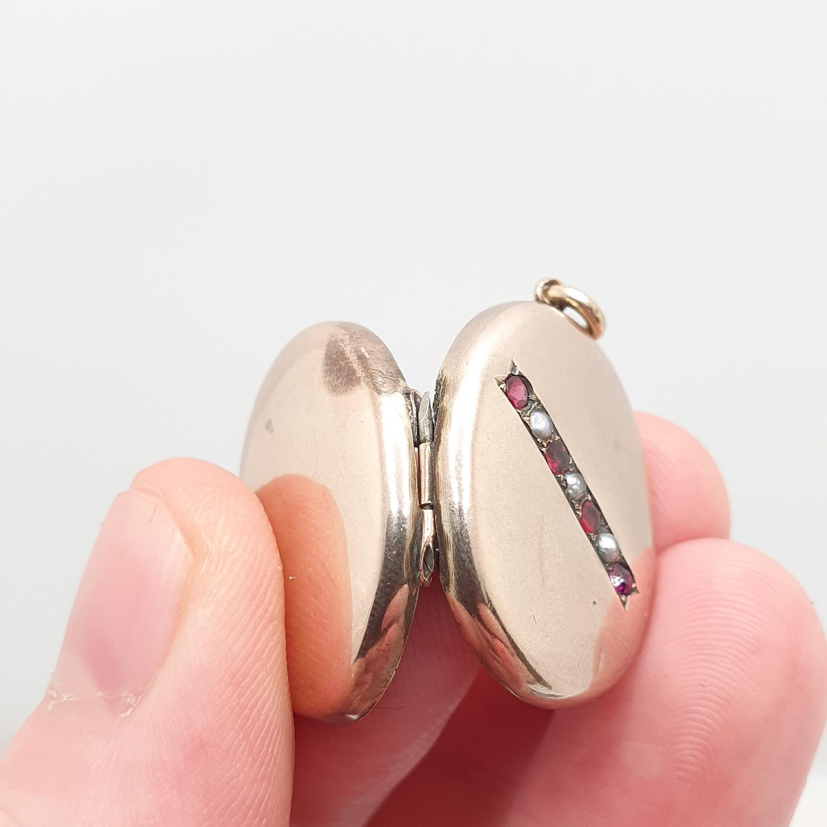 Antique 9ct Gold Ruby Paste Locket Seed Pearl 9k Back & Front Victorian Oval Pendant Picture Photo Vintage Jewelry Jewellery