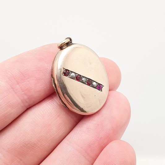 Antique 9ct Gold Ruby Paste Locket Seed Pearl 9k Back & Front Victorian Oval Pendant Picture Photo Vintage Jewelry Jewellery