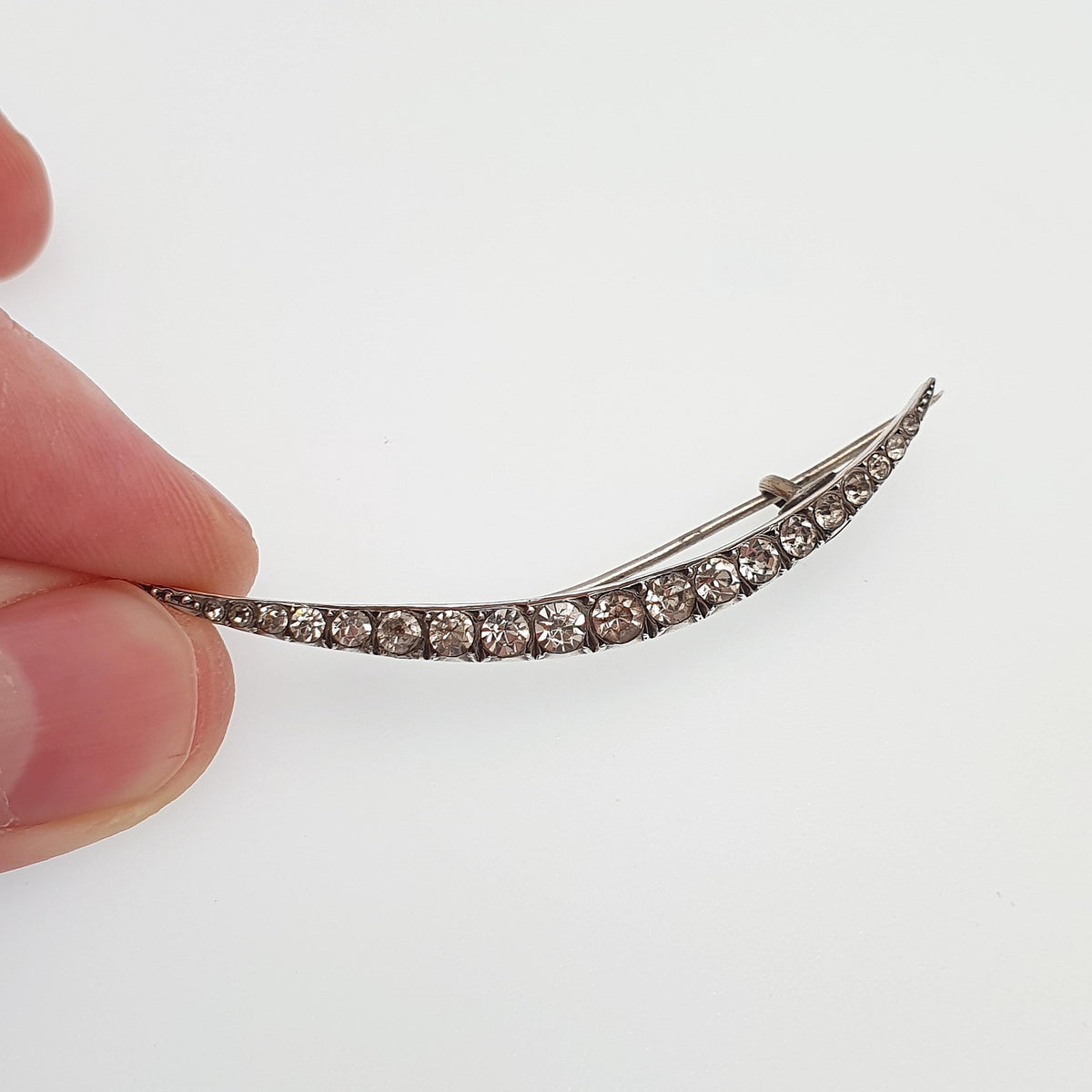 Antique Solid Silver Crescent Moon Diamond Paste Brooch Victorian Sparkly Vintage Celestial Womens Jewelry Jewellery 1800s