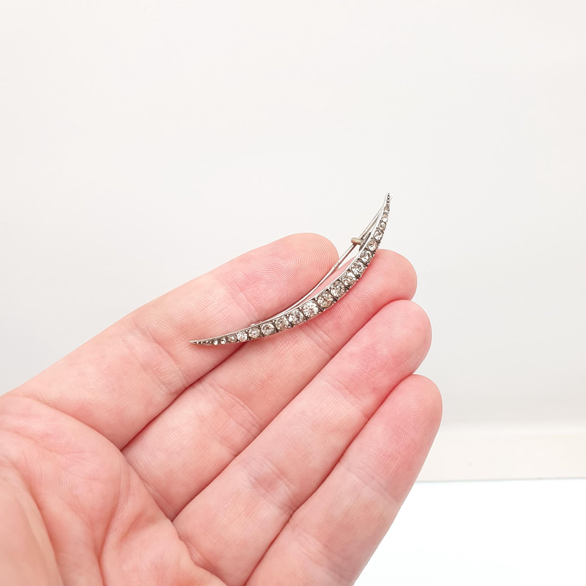 Antique Solid Silver Crescent Moon Diamond Paste Brooch Victorian Sparkly Vintage Celestial Womens Jewelry Jewellery 1800s