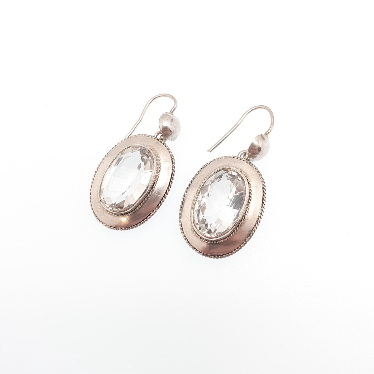 Antique Victorian Solid Silver Rock Crystal Earrings White Quartz Hanging Hook Drop Oval Cut Genuine Gemstone Vintage Jewelry Jewellery
