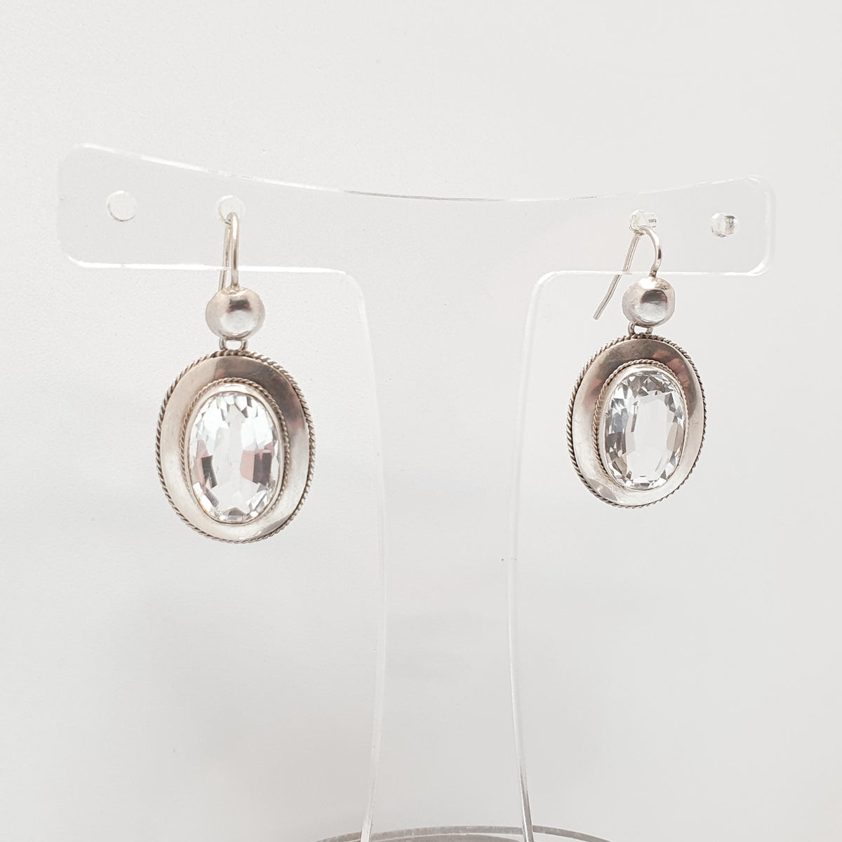 Antique Victorian Solid Silver Rock Crystal Earrings White Quartz Hanging Hook Drop Oval Cut Genuine Gemstone Vintage Jewelry Jewellery