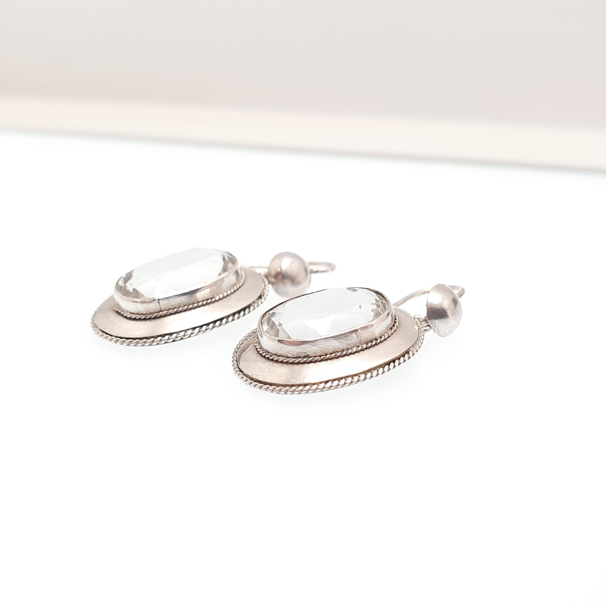 Antique Victorian Solid Silver Rock Crystal Earrings White Quartz Hanging Hook Drop Oval Cut Genuine Gemstone Vintage Jewelry Jewellery