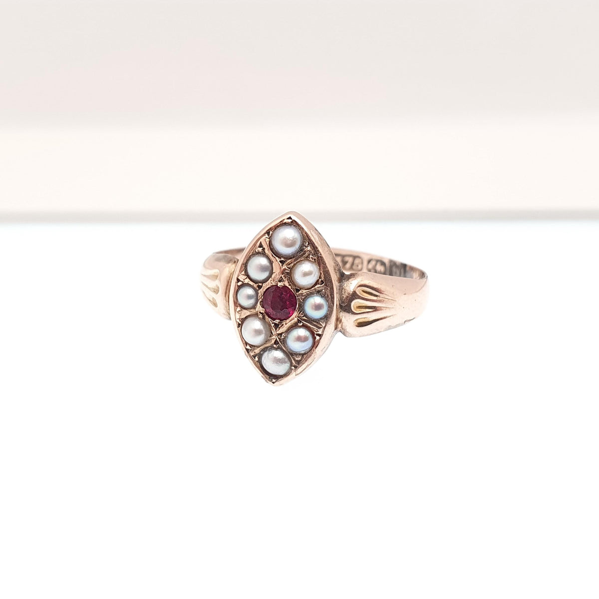 Antique Victorian 9ct Gold Ruby Ring Seed Pearl Navette Boat Genuine Real 1800s Solid 375 9k Vintage Jewelry Jewellery