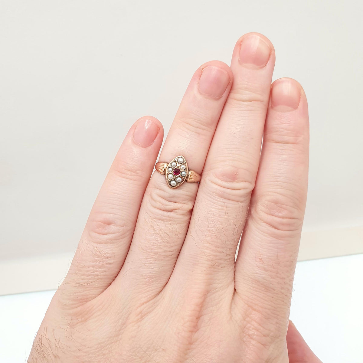 Antique Victorian 9ct Gold Ruby Ring Seed Pearl Navette Boat Genuine Real 1800s Solid 375 9k Vintage Jewelry Jewellery