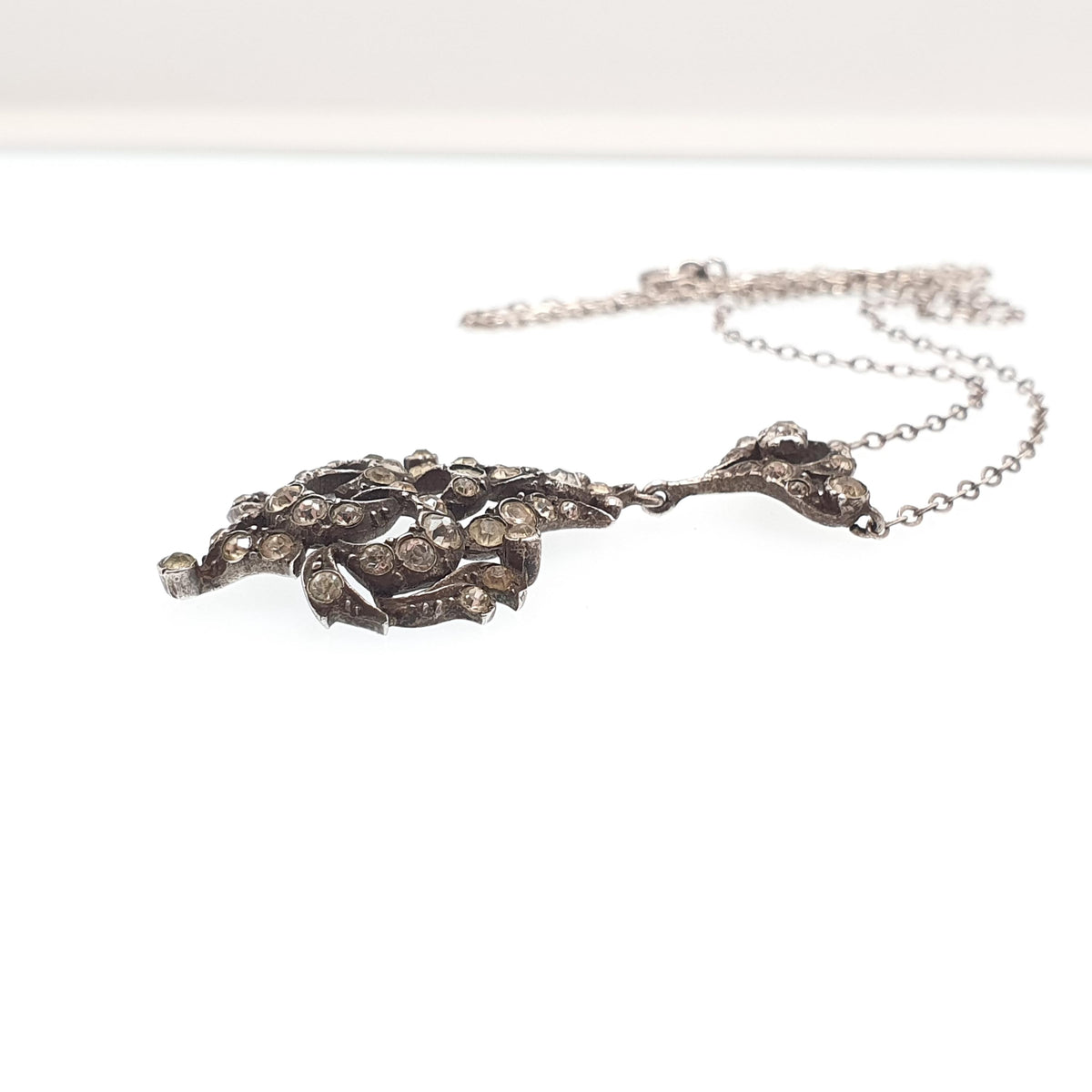 Antique Victorian Solid Silver Diamond Paste Y Necklace Art Nouveau Pendant Scroll Sparkly Vintage Jewellery Womens Jewelry