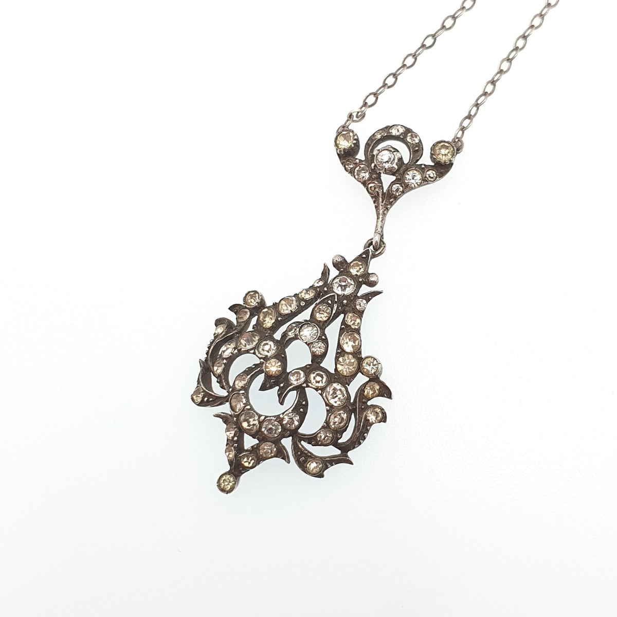 Antique Victorian Solid Silver Diamond Paste Y Necklace Art Nouveau Pendant Scroll Sparkly Vintage Jewellery Womens Jewelry