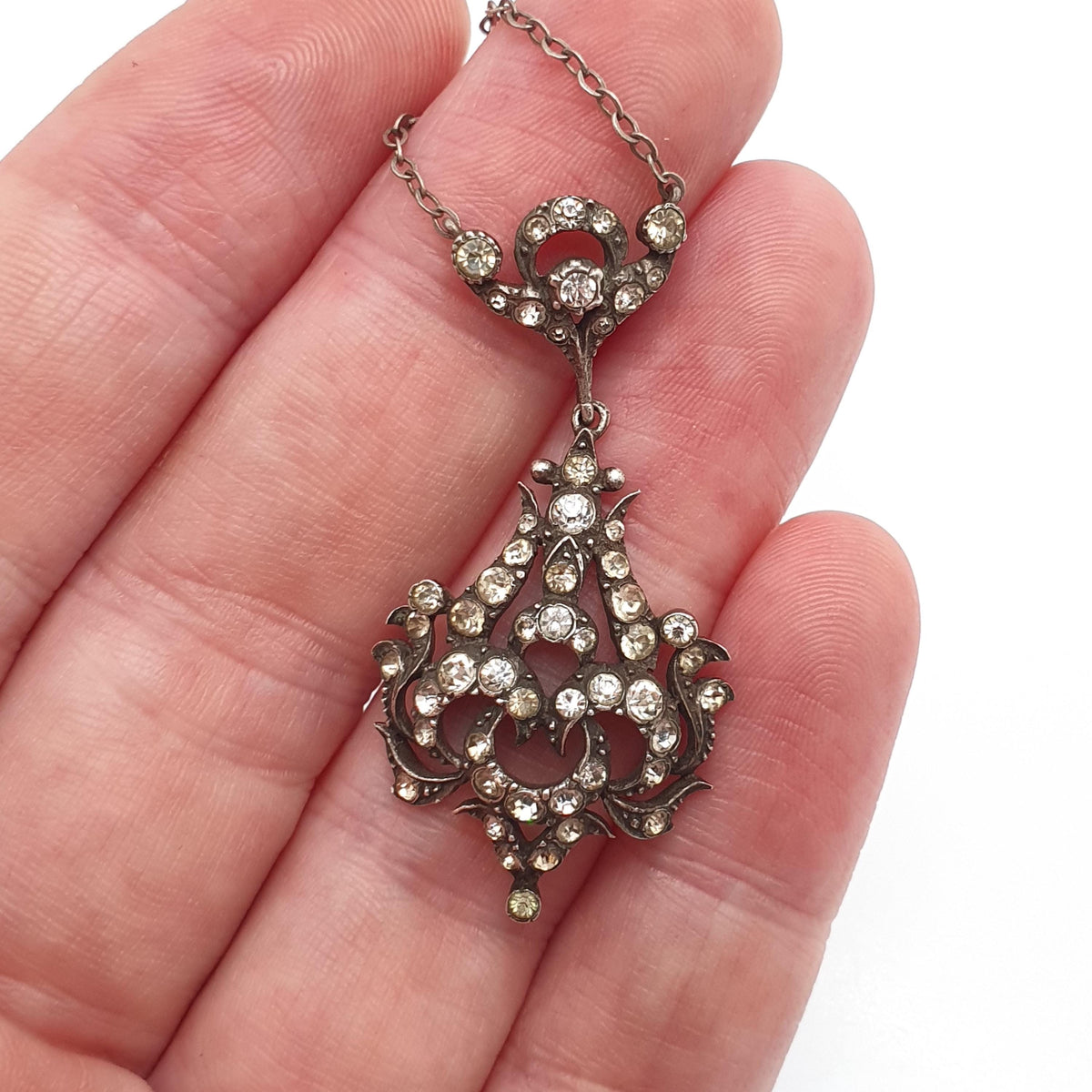 Antique Victorian Solid Silver Diamond Paste Y Necklace Art Nouveau Pendant Scroll Sparkly Vintage Jewellery Womens Jewelry