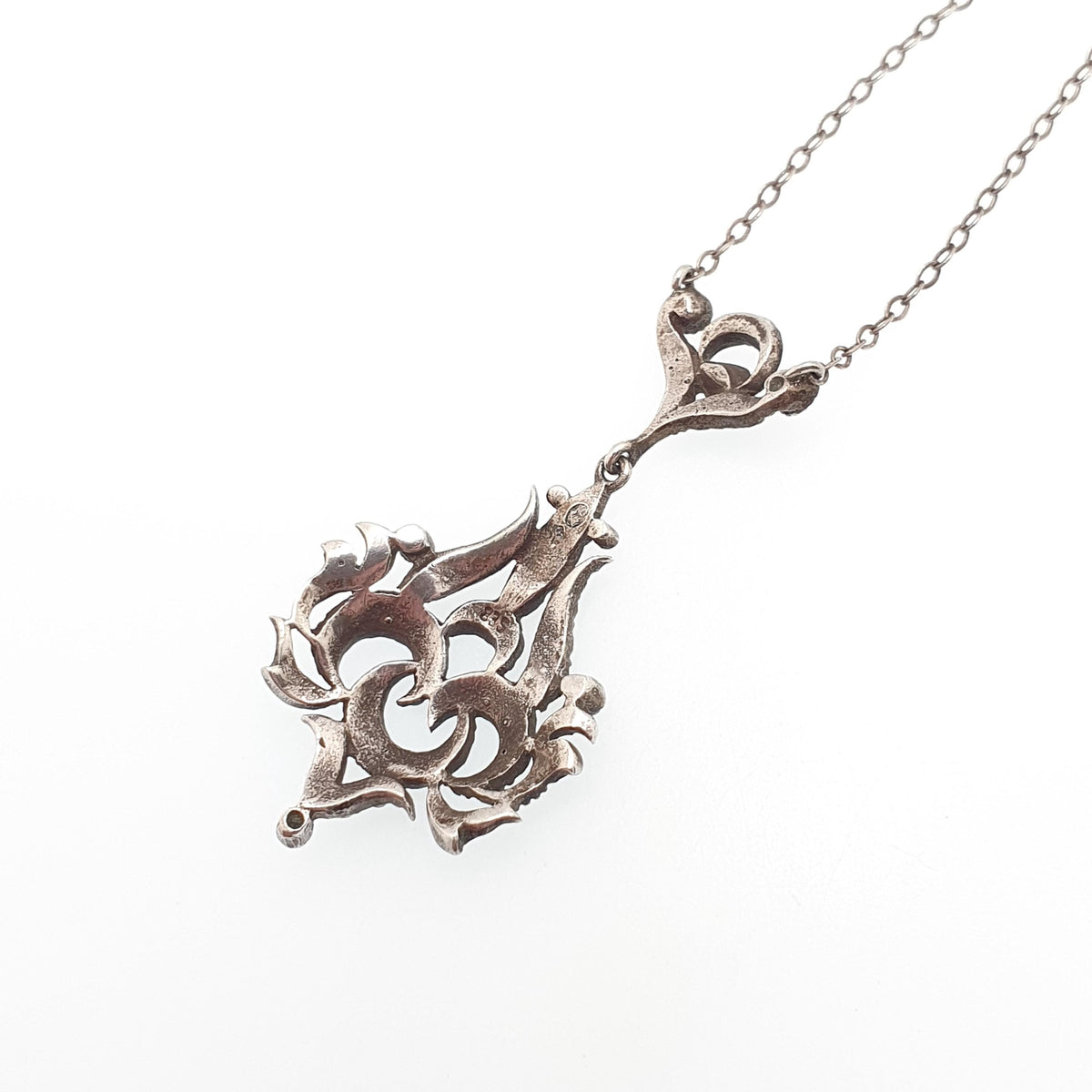 Antique Victorian Solid Silver Diamond Paste Y Necklace Art Nouveau Pendant Scroll Sparkly Vintage Jewellery Womens Jewelry