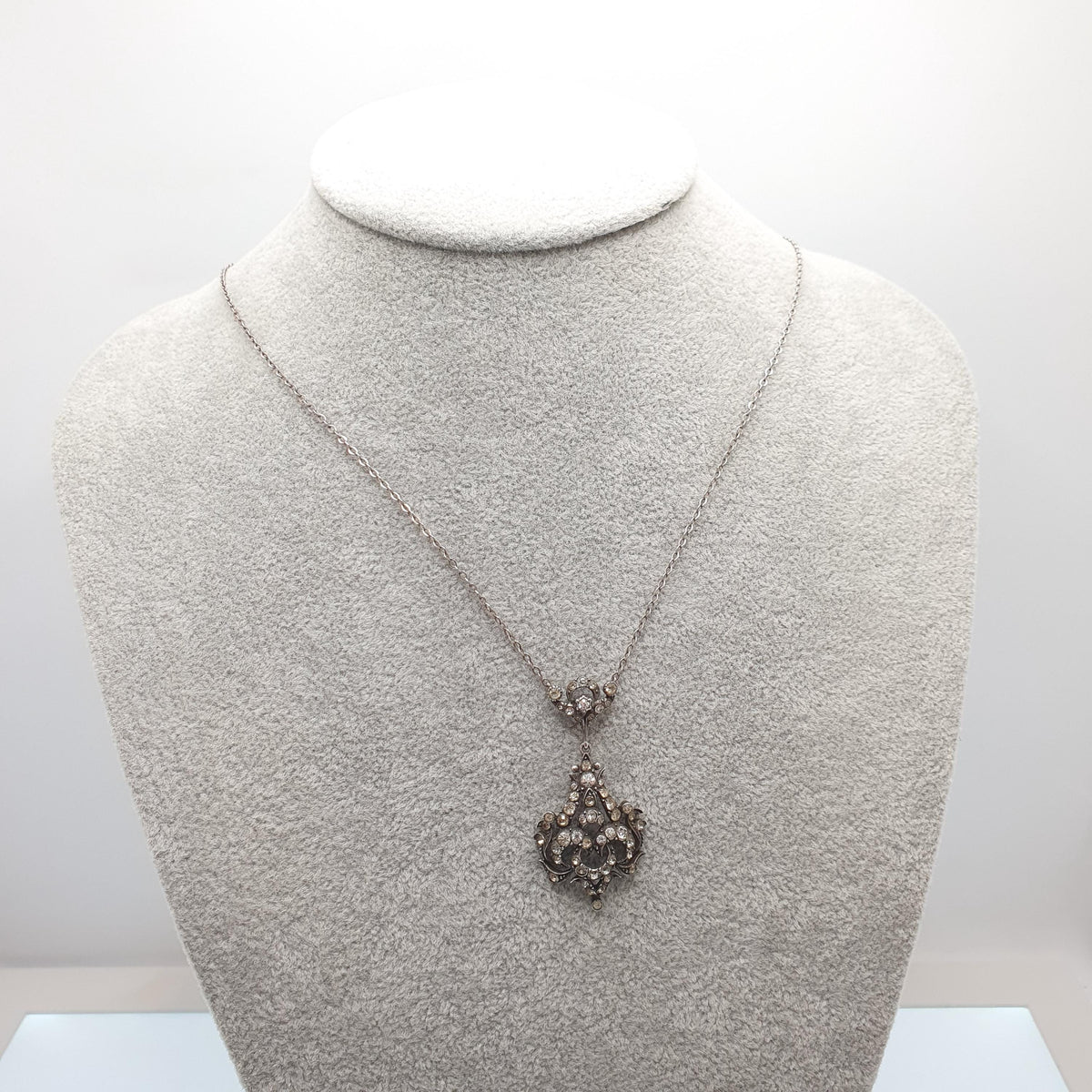 Antique Victorian Solid Silver Diamond Paste Y Necklace Art Nouveau Pendant Scroll Sparkly Vintage Jewellery Womens Jewelry