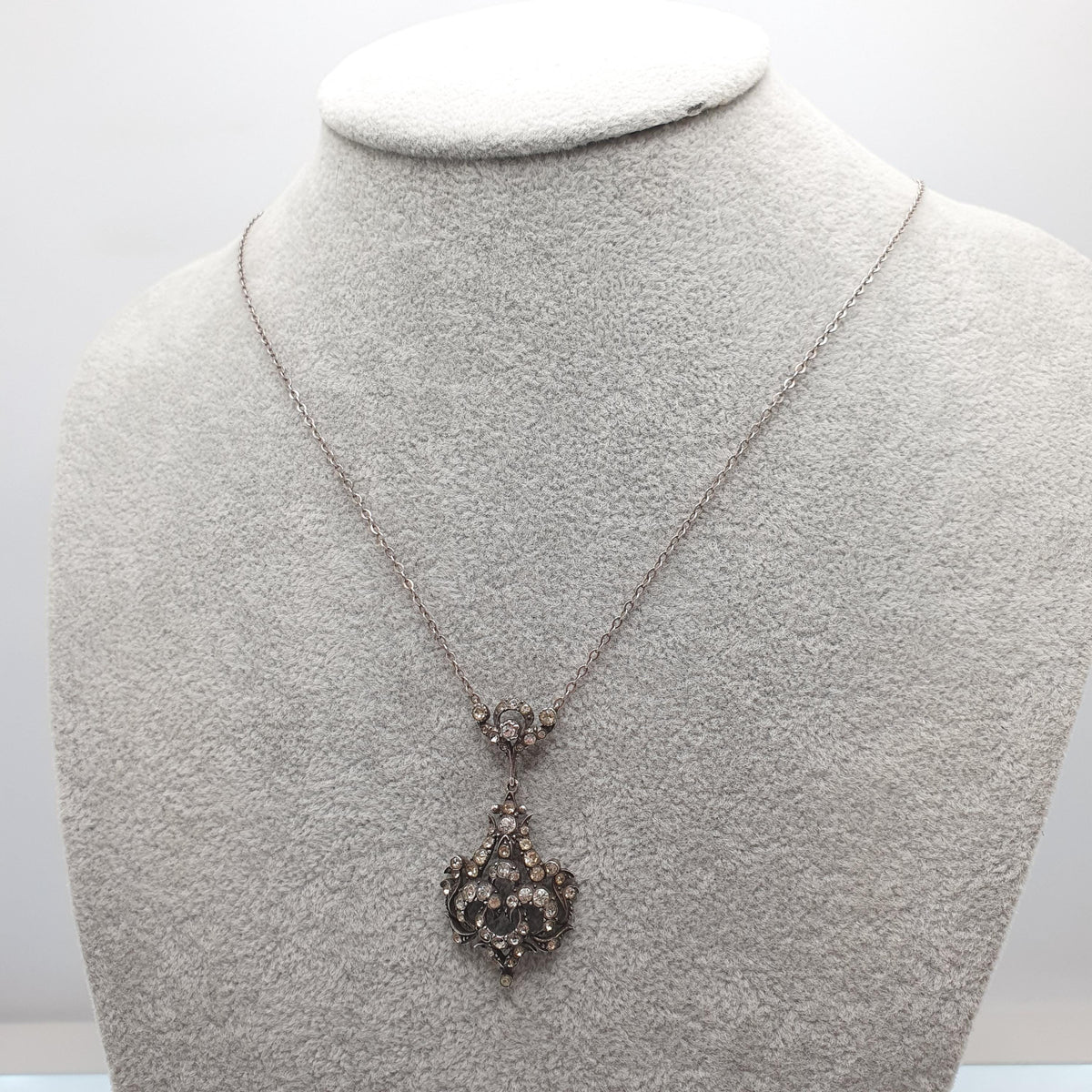 Antique Victorian Solid Silver Diamond Paste Y Necklace Art Nouveau Pendant Scroll Sparkly Vintage Jewellery Womens Jewelry