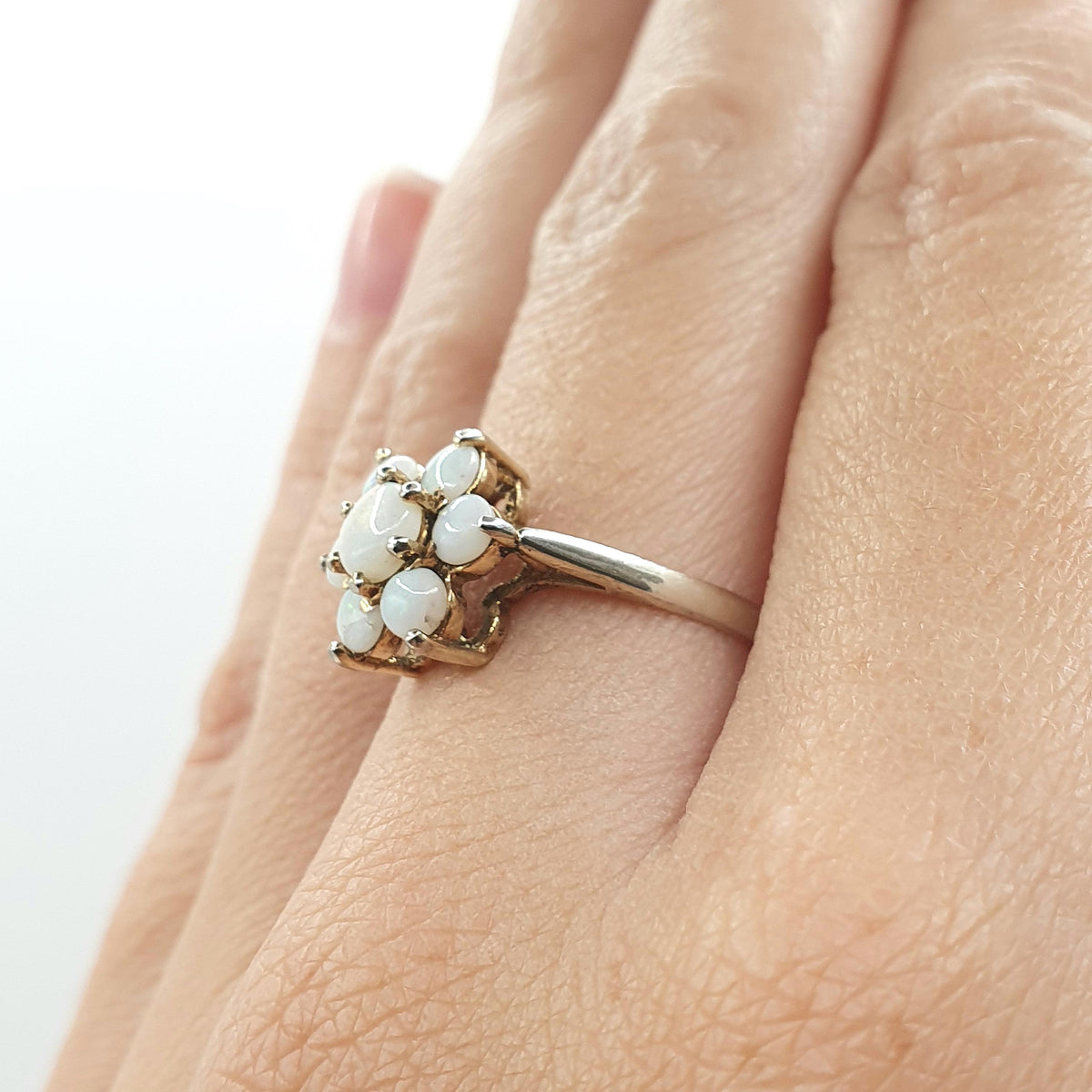 Vintage Rolled Gold Opal Ring Cluster Genuine White Opals Gold Filled Halo Flower Retro Womens Jewelry Jewellery UK P US 7.75