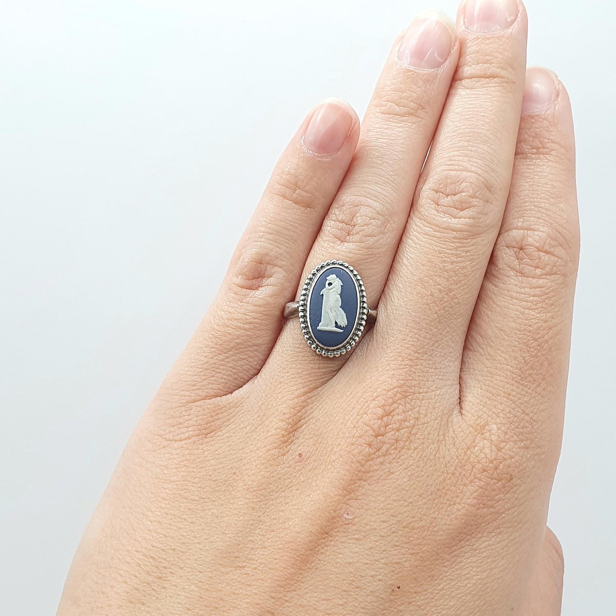 Vintage Sterling Silver Wedgwood Ring Navy Blue Jasperware Oval Solid 925 Womens Ladies Retro Jewelry Jewellery Unisex UK K.5 US 5.5