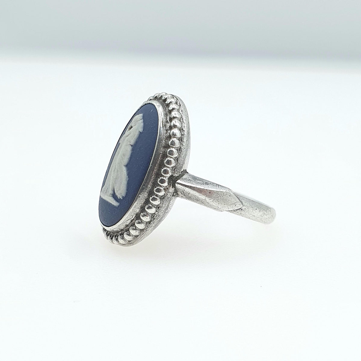 Vintage Sterling Silver Wedgwood Ring Navy Blue Jasperware Oval Solid 925 Womens Ladies Retro Jewelry Jewellery Unisex UK K.5 US 5.5