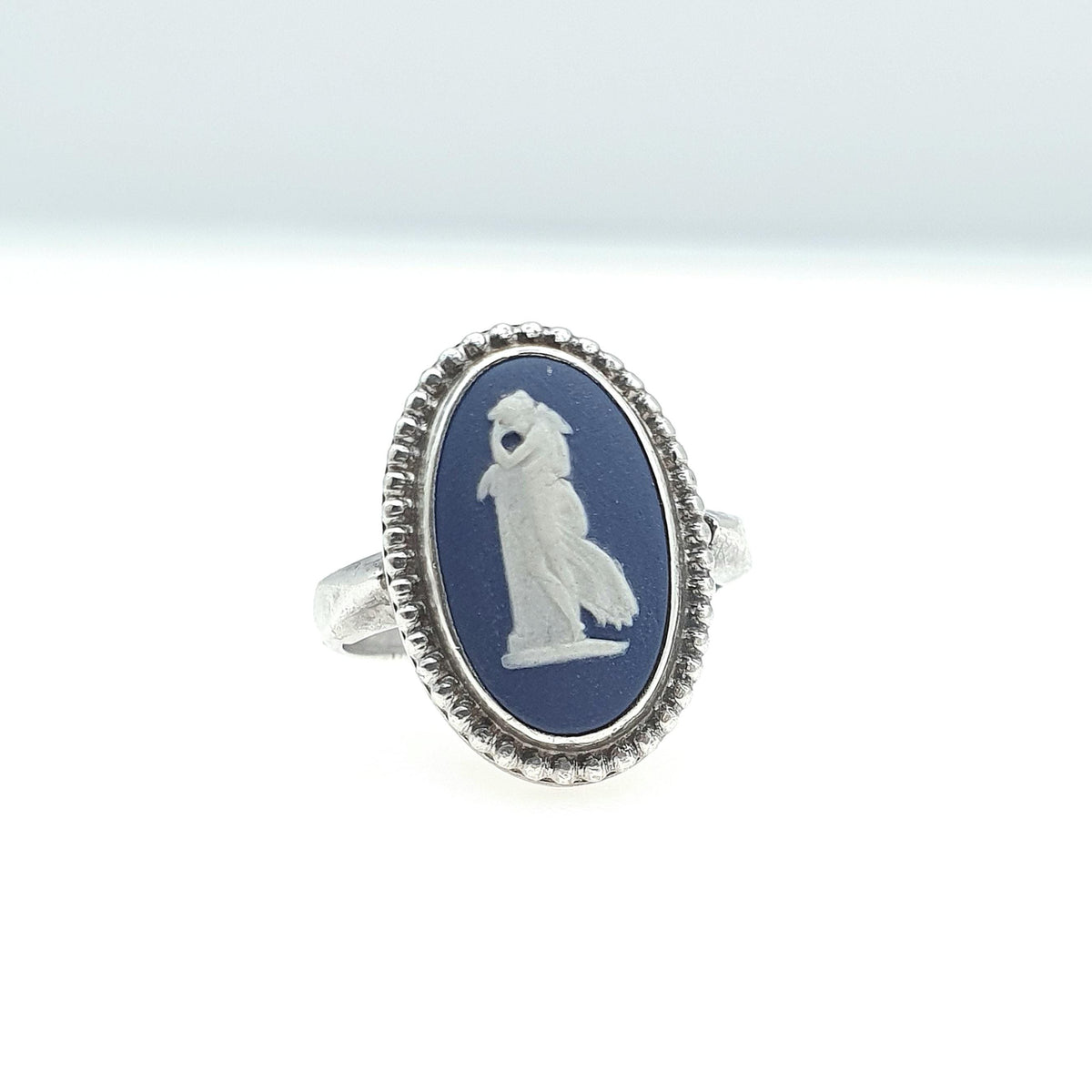 Vintage Sterling Silver Wedgwood Ring Navy Blue Jasperware Oval Solid 925 Womens Ladies Retro Jewelry Jewellery Unisex UK K.5 US 5.5