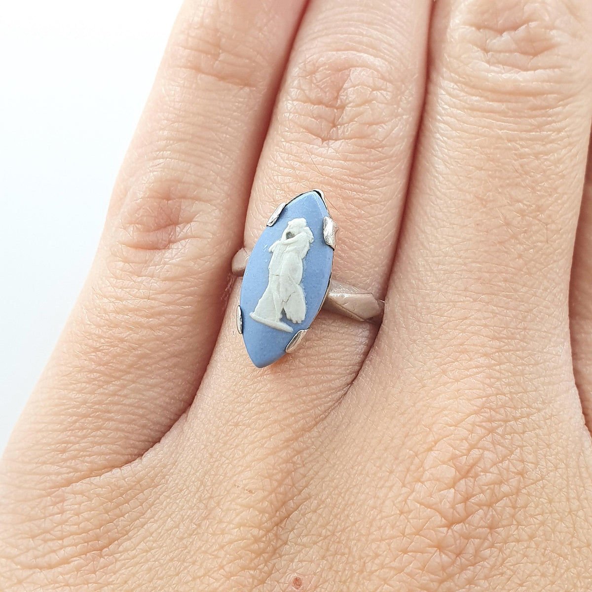 Vintage Sterling Silver Wedgwood Ring Marquise Sky Blue Jasperware Women Ladies Retro Jewelry Jewellery UK L US 5.75