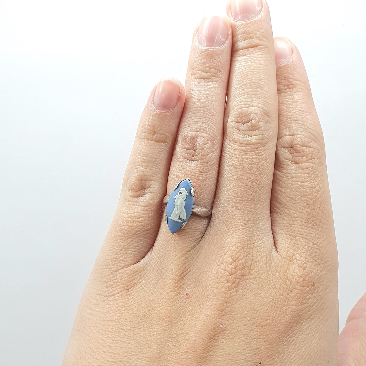 Vintage Sterling Silver Wedgwood Ring Marquise Sky Blue Jasperware Women Ladies Retro Jewelry Jewellery UK L US 5.75