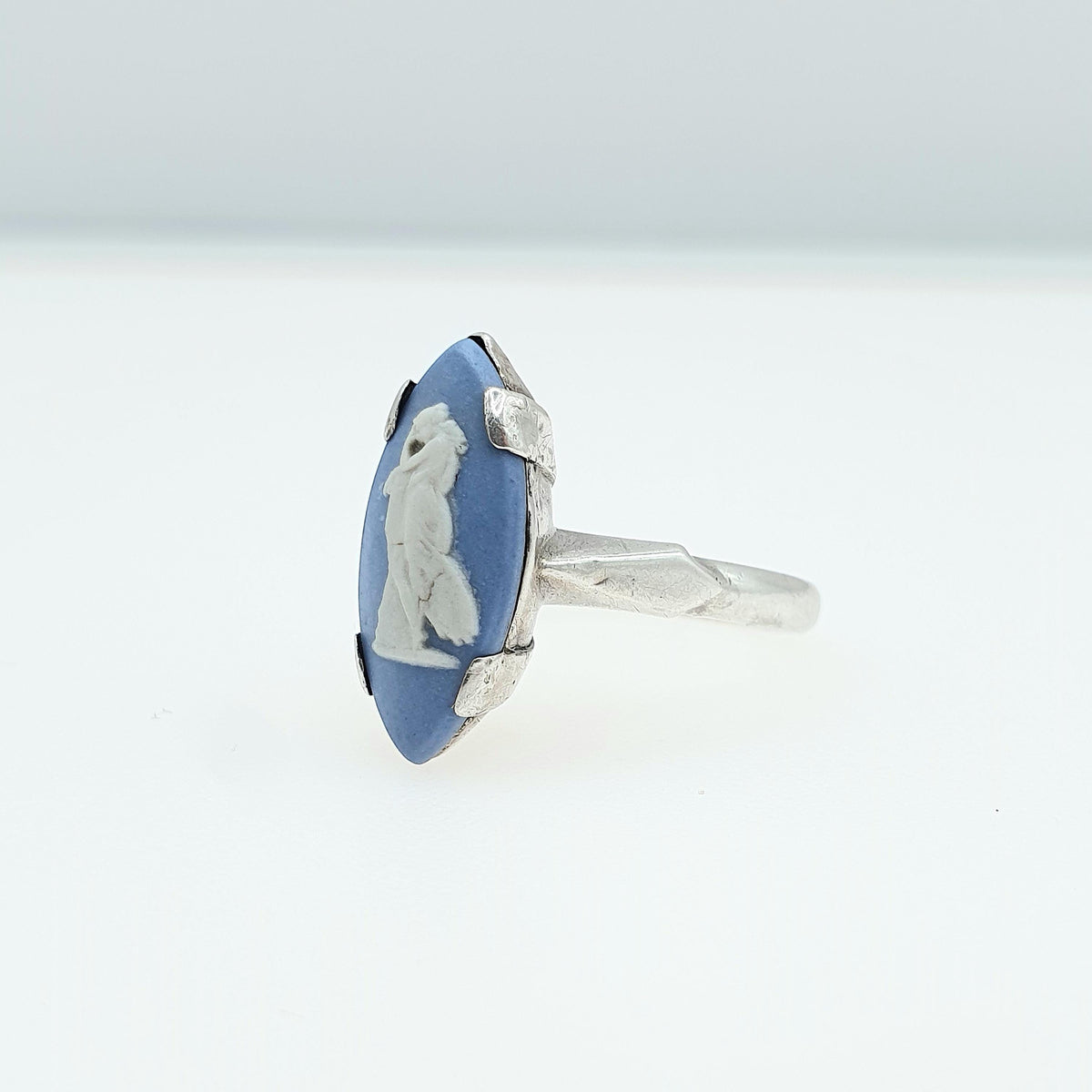 Vintage Sterling Silver Wedgwood Ring Marquise Sky Blue Jasperware Women Ladies Retro Jewelry Jewellery UK L US 5.75