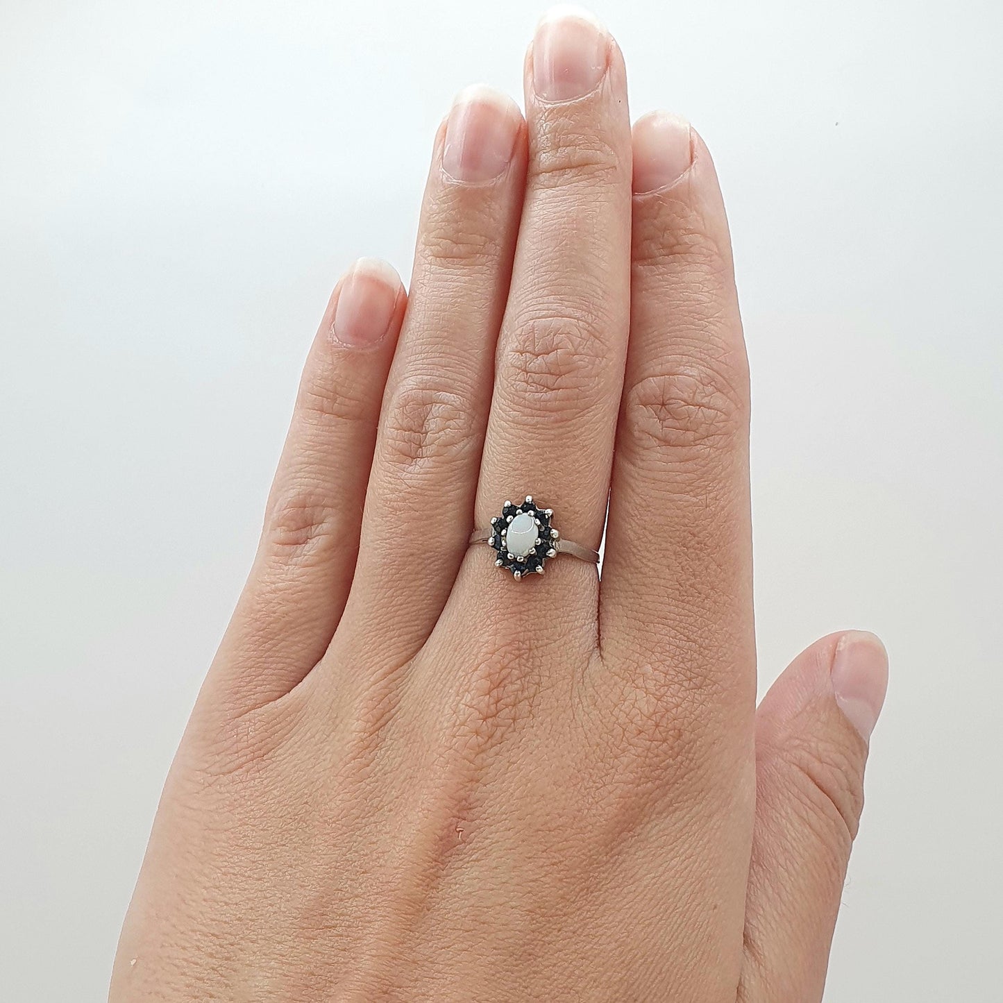 Vintage Solid Silver Sapphire & Opal Ring Halo Cluster Genuine Gemstone Oval Cut Womens Jewelry Jewellery UK M.5 US 6.5