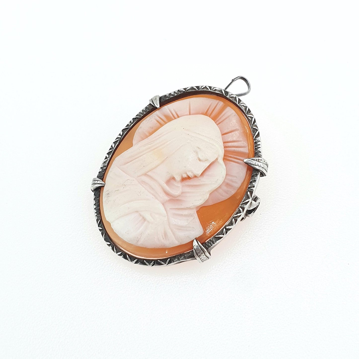 Antique Solid Silver Mother Mary Cameo Pendant Brooch Necklace Genuine Shell Virgin Mary Vintage Jewelry Womens Jewellery