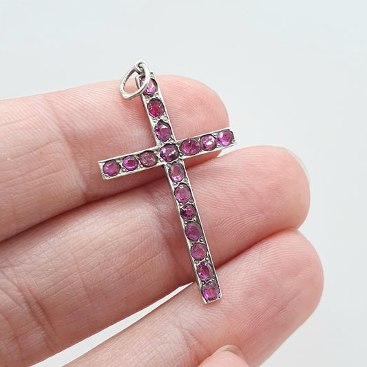 Antique Victorian Solid Silver Ruby Crucifix Pendant Necklace Cross Genuine Gemstones Christian Jewelry Vintage Jewelry Womens Mens