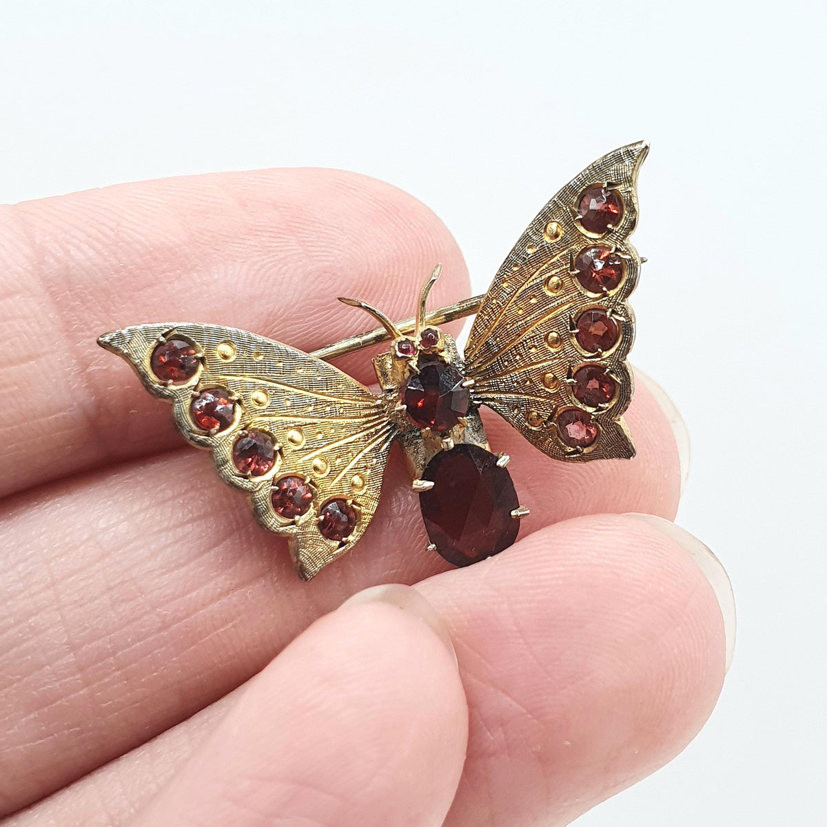 Antique Gold Vermeil Butterfly Brooch Garnet Gemstone Solid Silver Pin Insect Bug Vintage Fly Insect Bug Womens Mens Jewelry Jewellery