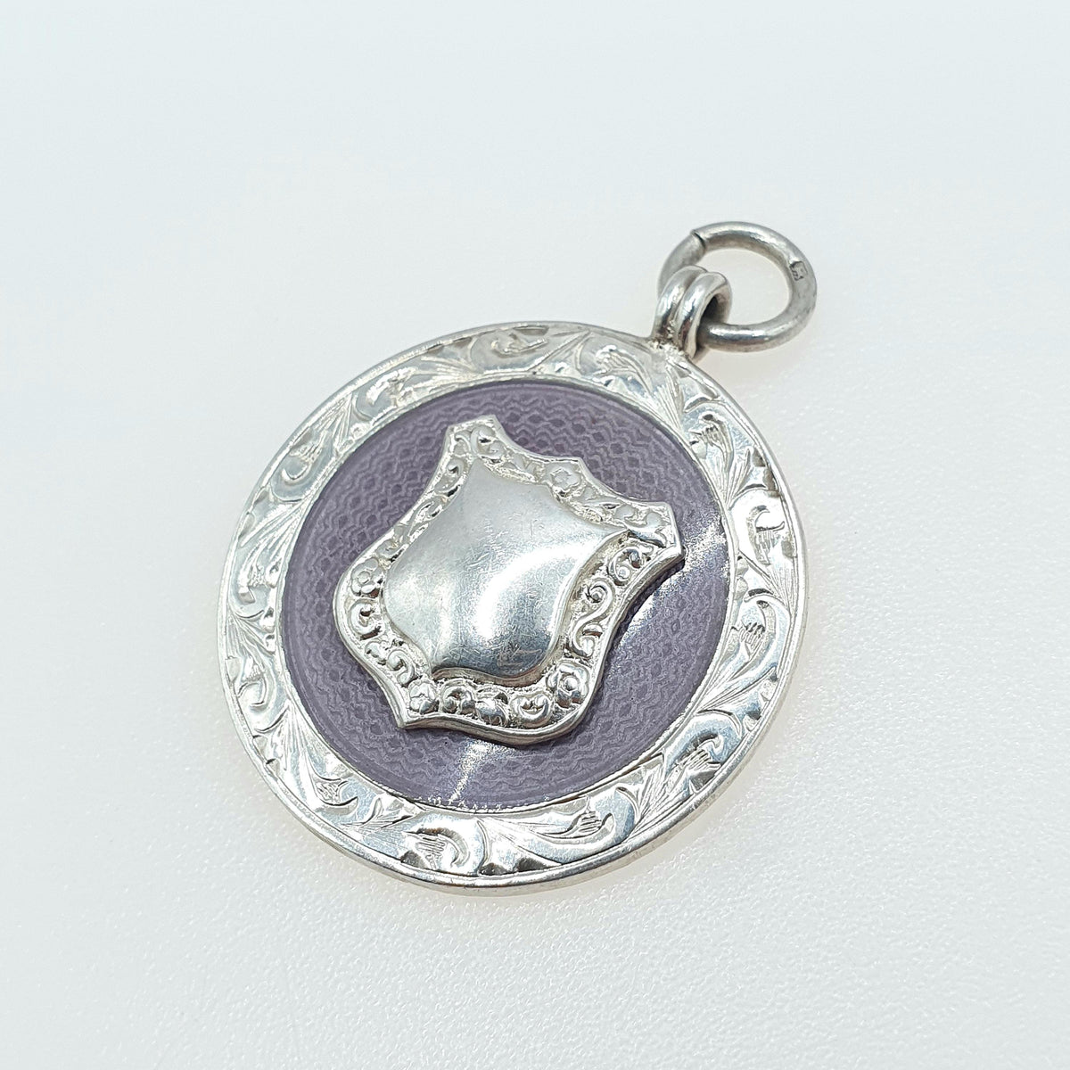 Antique Sterling Silver Purple Enamel Shield Fob Pendant Necklace Round Art Deco 1924 Vintage Unisex Engraved Womens Mens Jewelry Jewellery
