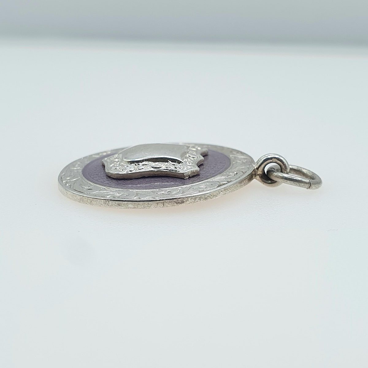 Antique Sterling Silver Purple Enamel Shield Fob Pendant Necklace Round Art Deco 1924 Vintage Unisex Engraved Womens Mens Jewelry Jewellery