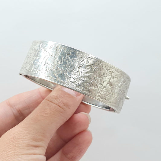 Antique Victorian Solid Silver Snap Bangle Bracelet Leaf Hand Engraved Wide Thick Vintage Womens Jewelry Jewellery