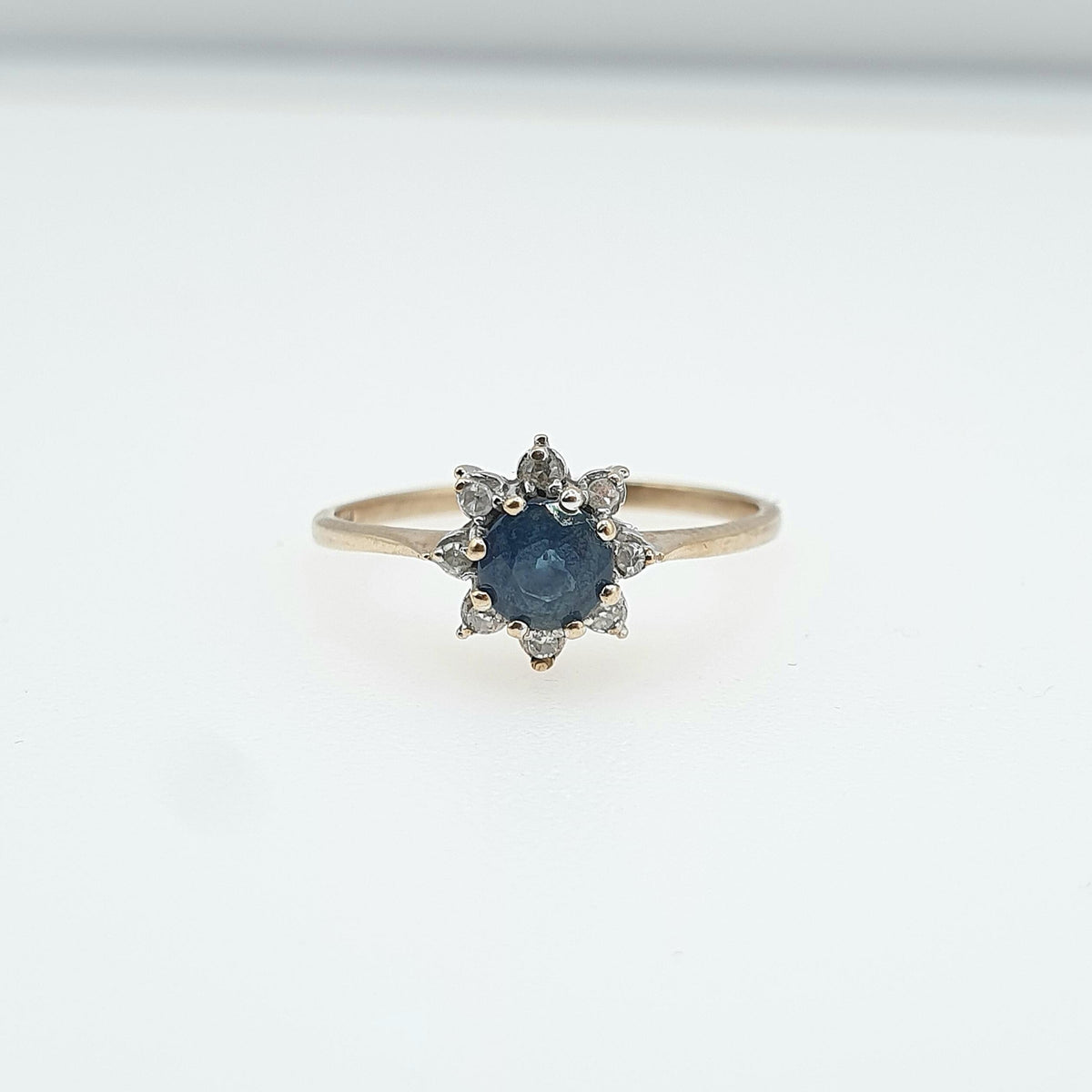 Vintage 9ct Gold Sapphire & Diamond Halo Ring Cluster Solid 9k 9kt Round Cut Blue Gemstone Retro Womens Jewelry Jewellery UK K.5 US 5.5