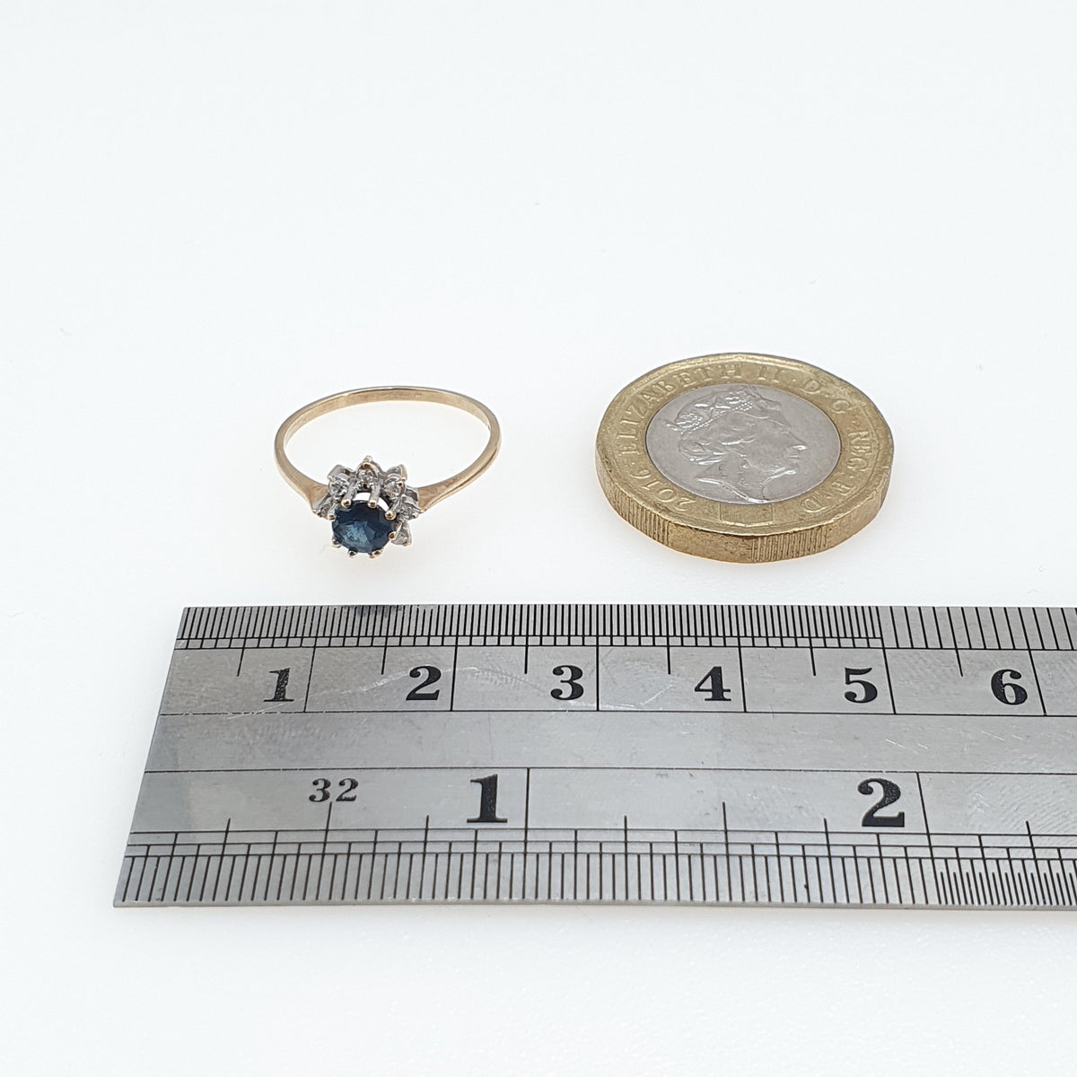 Vintage 9ct Gold Sapphire & Diamond Halo Ring Cluster Solid 9k 9kt Round Cut Blue Gemstone Retro Womens Jewelry Jewellery UK K.5 US 5.5