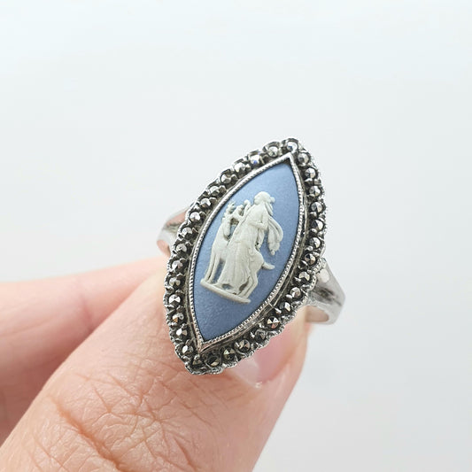 Antique Solid Silver Wedgwood Ring Marcasite Border Art Deco Blue Ceramic 1920s Womens Vintage Jewellery Jewelry UK O US 7