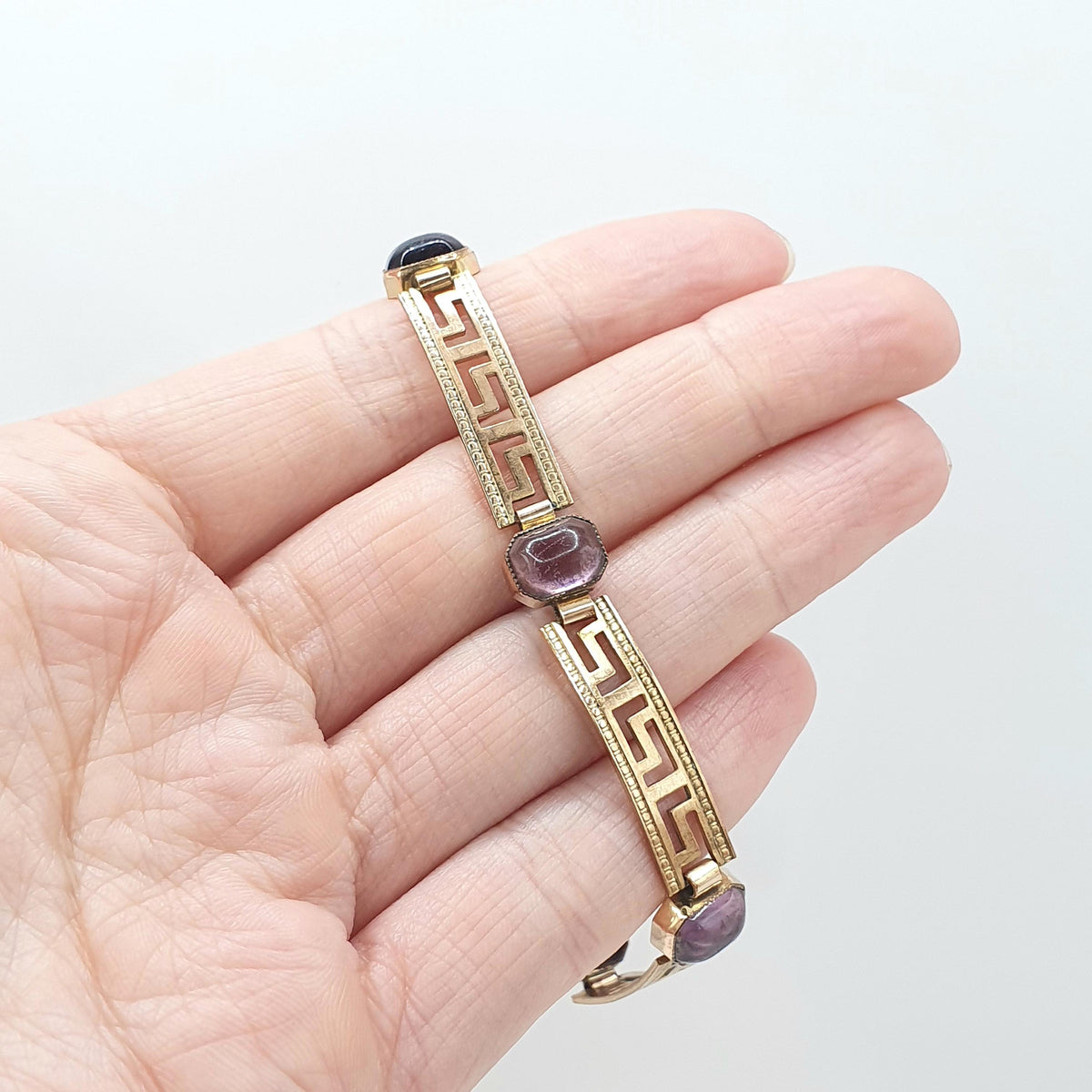 Antique Victorian Rolled Gold Amethyst Paste Bracelet Greek Key Pattern Gold Filled 9.52g 18.5cm Vintage Jewelry Jewellery Womens
