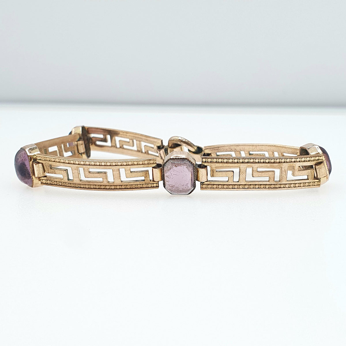 Antique Victorian Rolled Gold Amethyst Paste Bracelet Greek Key Pattern Gold Filled 9.52g 18.5cm Vintage Jewelry Jewellery Womens