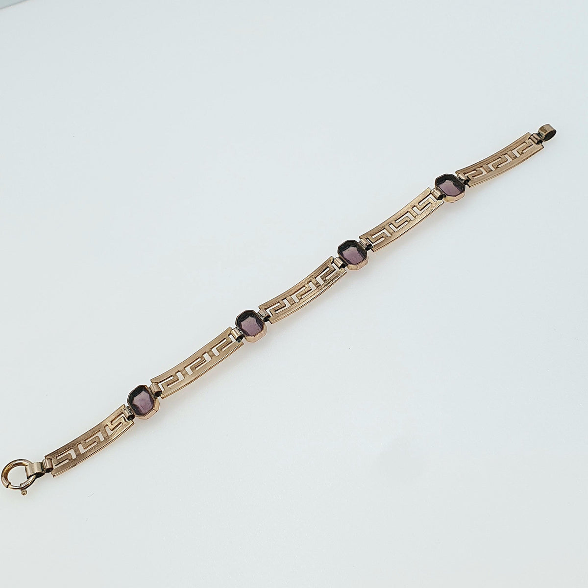 Antique Victorian Rolled Gold Amethyst Paste Bracelet Greek Key Pattern Gold Filled 9.52g 18.5cm Vintage Jewelry Jewellery Womens