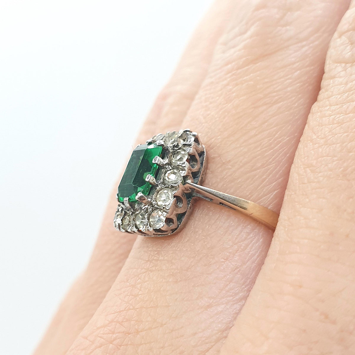 Antique 9ct Gold & Solid Silver Emerald Paste Ring Halo Rectangular Diamond Pastes 1920s Vintage Jewelry Womens Jewellery UK M US 6.25