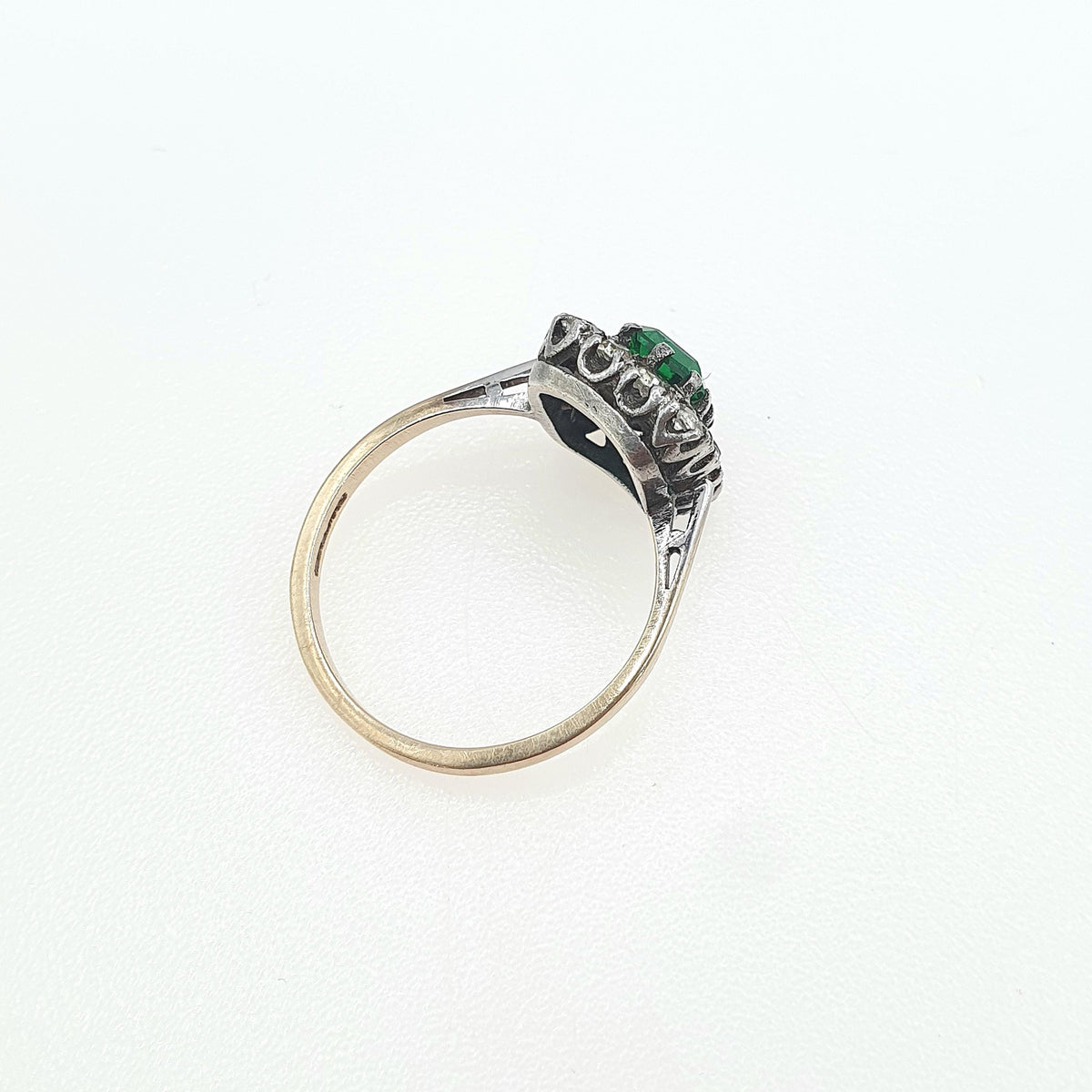 Antique 9ct Gold & Solid Silver Emerald Paste Ring Halo Rectangular Diamond Pastes 1920s Vintage Jewelry Womens Jewellery UK M US 6.25