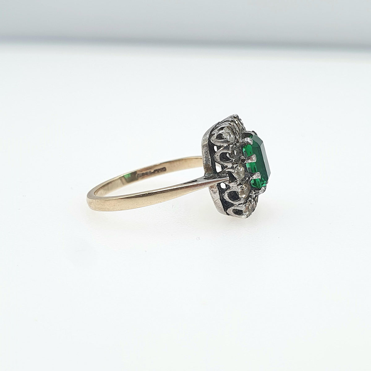 Antique 9ct Gold & Solid Silver Emerald Paste Ring Halo Rectangular Diamond Pastes 1920s Vintage Jewelry Womens Jewellery UK M US 6.25