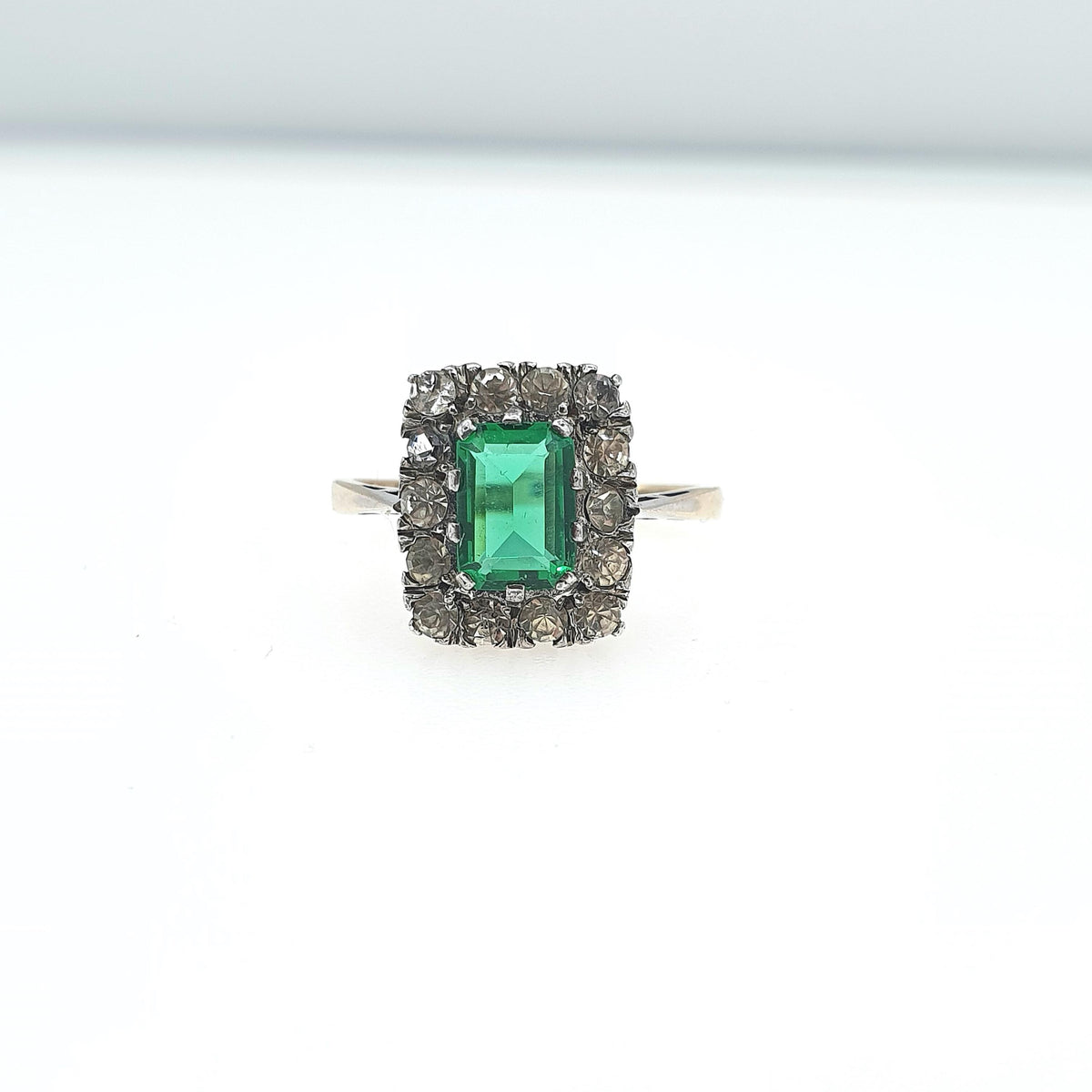 Antique 9ct Gold & Solid Silver Emerald Paste Ring Halo Rectangular Diamond Pastes 1920s Vintage Jewelry Womens Jewellery UK M US 6.25
