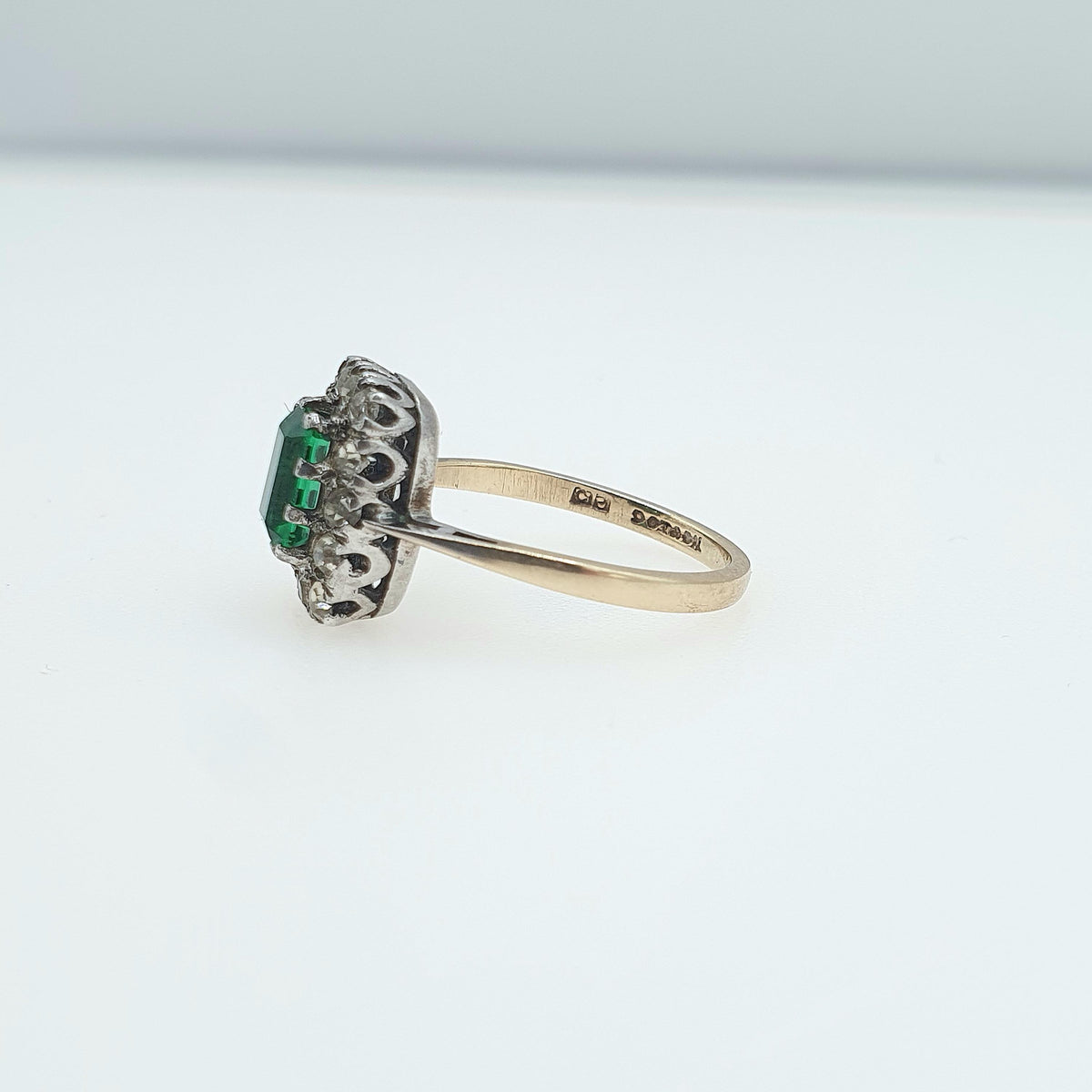 Antique 9ct Gold & Solid Silver Emerald Paste Ring Halo Rectangular Diamond Pastes 1920s Vintage Jewelry Womens Jewellery UK M US 6.25