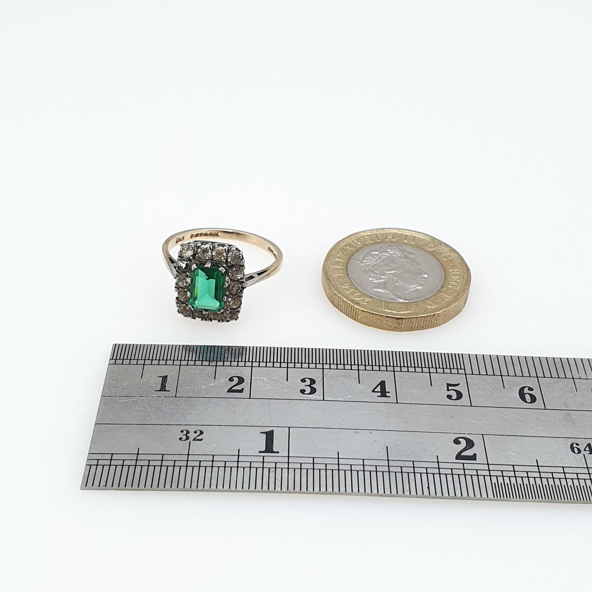 Antique 9ct Gold & Solid Silver Emerald Paste Ring Halo Rectangular Diamond Pastes 1920s Vintage Jewelry Womens Jewellery UK M US 6.25