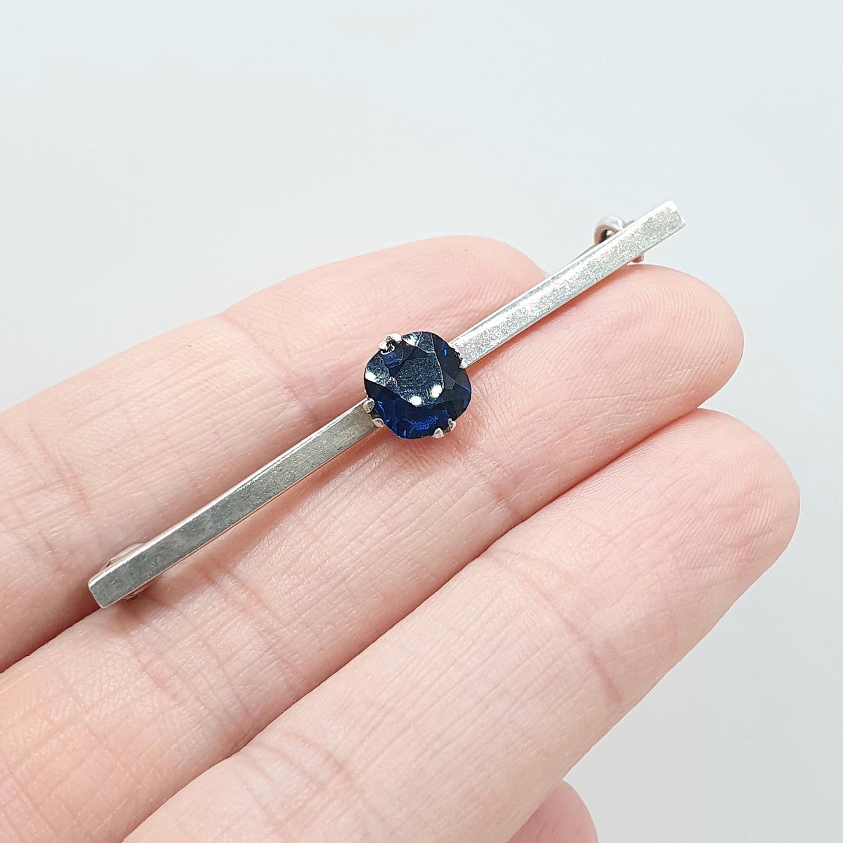 Antique Solid Silver Sapphire Paste Bar Brooch Pin Square Cut Blue Glass Vintage Womens Jewelry Jewellery Retro