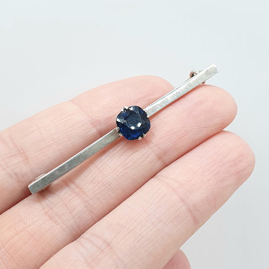 Antique Solid Silver Sapphire Paste Bar Brooch Pin Square Cut Blue Glass Vintage Womens Jewelry Jewellery Retro