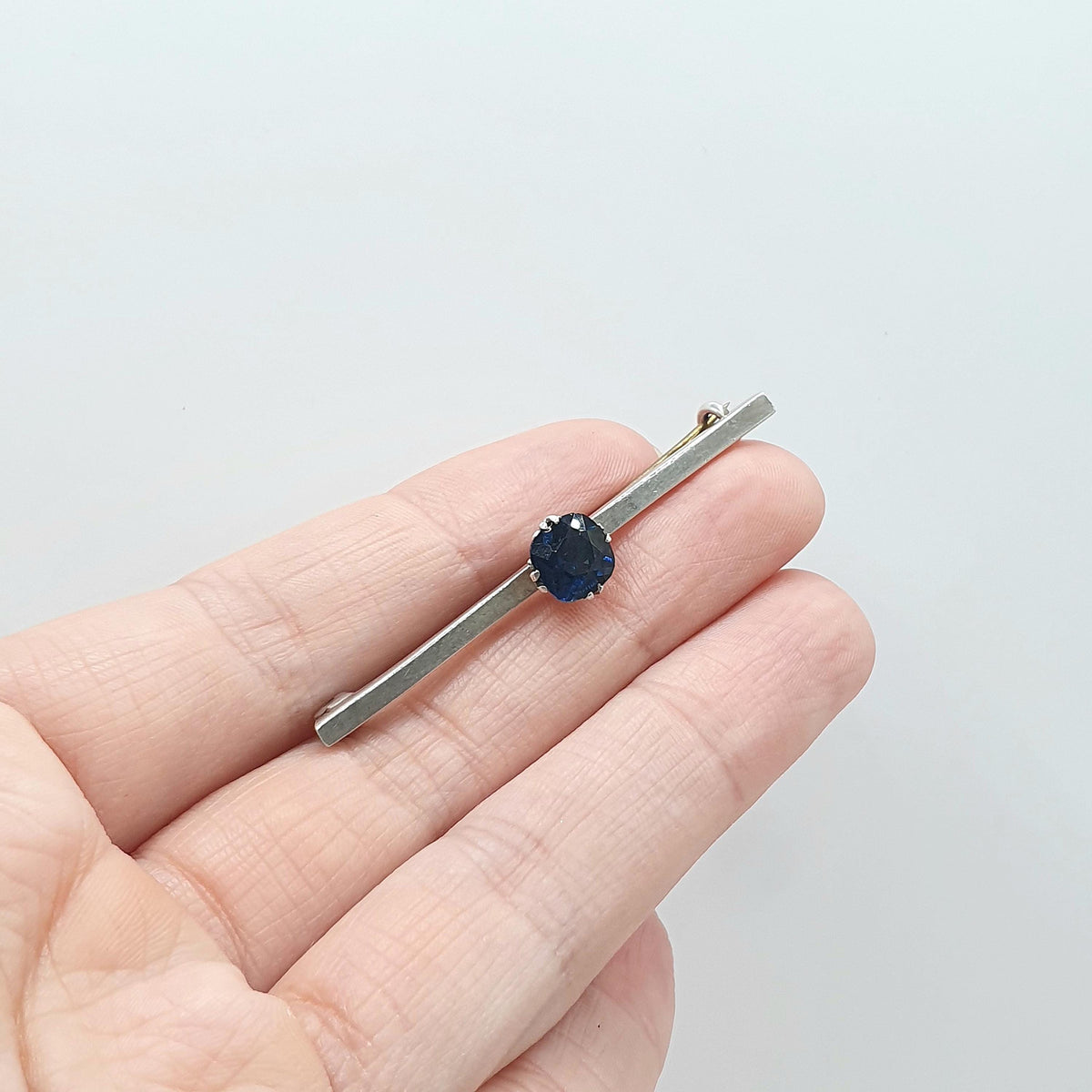 Antique Solid Silver Sapphire Paste Bar Brooch Pin Square Cut Blue Glass Vintage Womens Jewelry Jewellery Retro